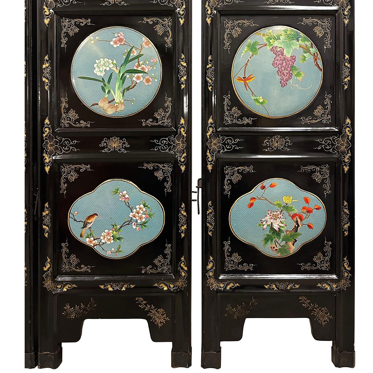 Chinesischer klappbarer Raumteiler des frühen 20. Jahrhunderts mit Cloisonné-Paneelen im Angebot 10