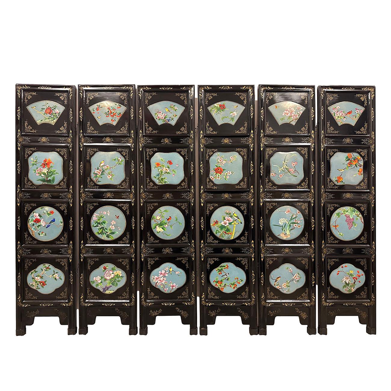 This is a set of 6 panels of Chinese vintage lacquered wooden screen which to be used as the room section panels in ancient China that are put together to make into a screen. Screens have been known to grace the rooms of wealthy Chinese homes since