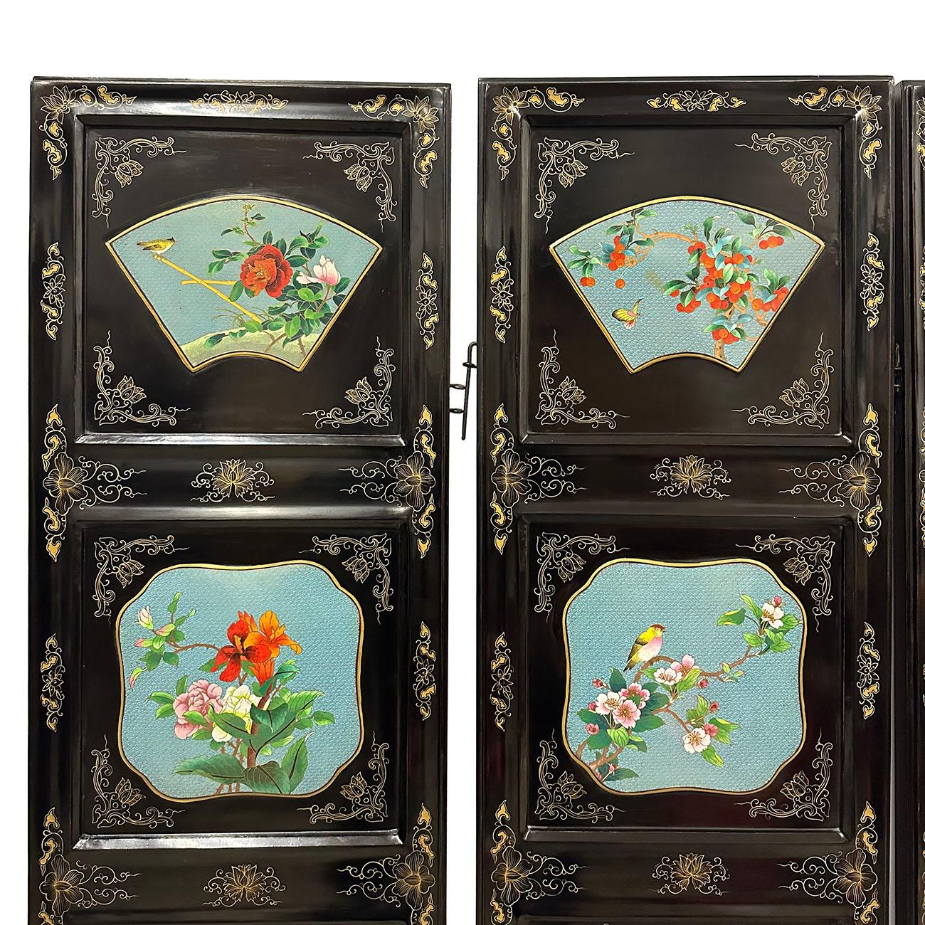 Chinese Export Early 20th Century Chinese Folding Screen/Room Divider with Cloisonne panels For Sale