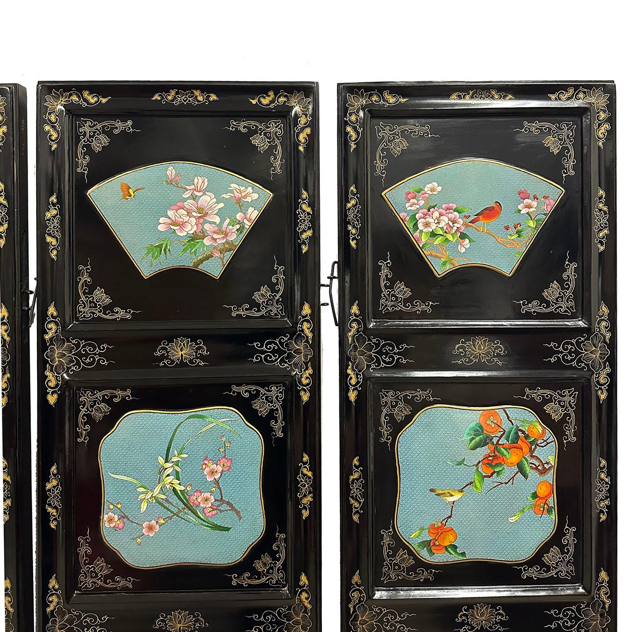 Chinesischer klappbarer Raumteiler des frühen 20. Jahrhunderts mit Cloisonné-Paneelen im Angebot 4