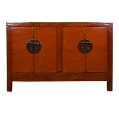 Antique Early 20th Century Chinese Four-Door Red Lacquer Chest