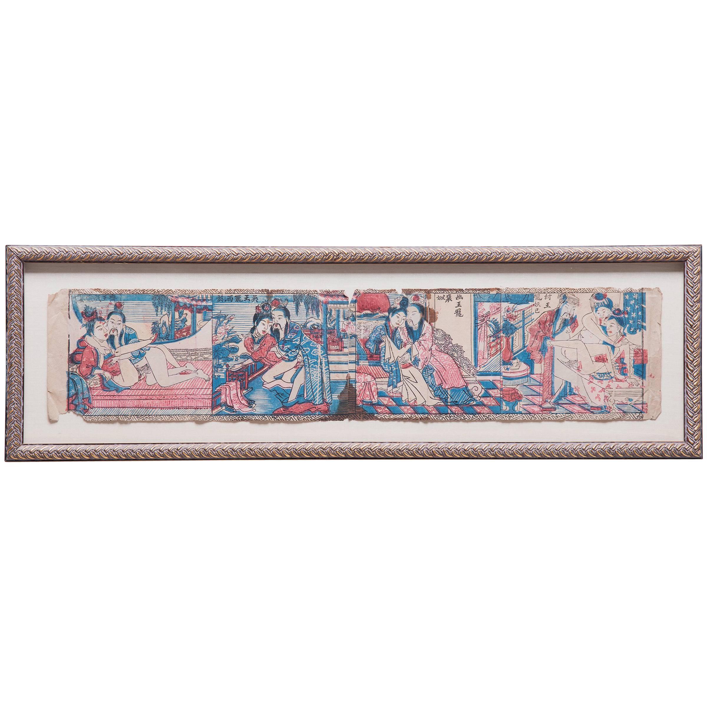 Early 20th Century Chinese Framed Block Print Erotic Pillow Book