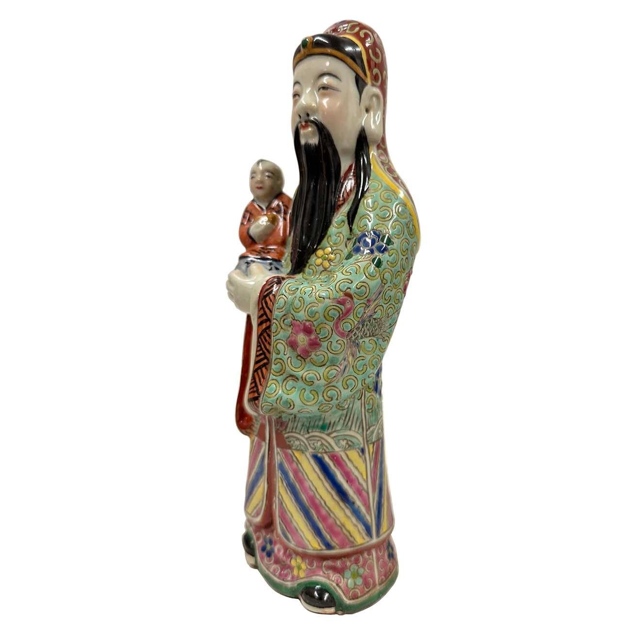Hand-Painted Early 20th Century Chinese Fu Lu Shou Feng Shui Trio Gods Figurines with Marks For Sale