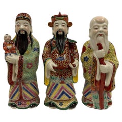 Antique Early 20th Century Chinese Fu Lu Shou Feng Shui Trio Gods Figurines with Marks