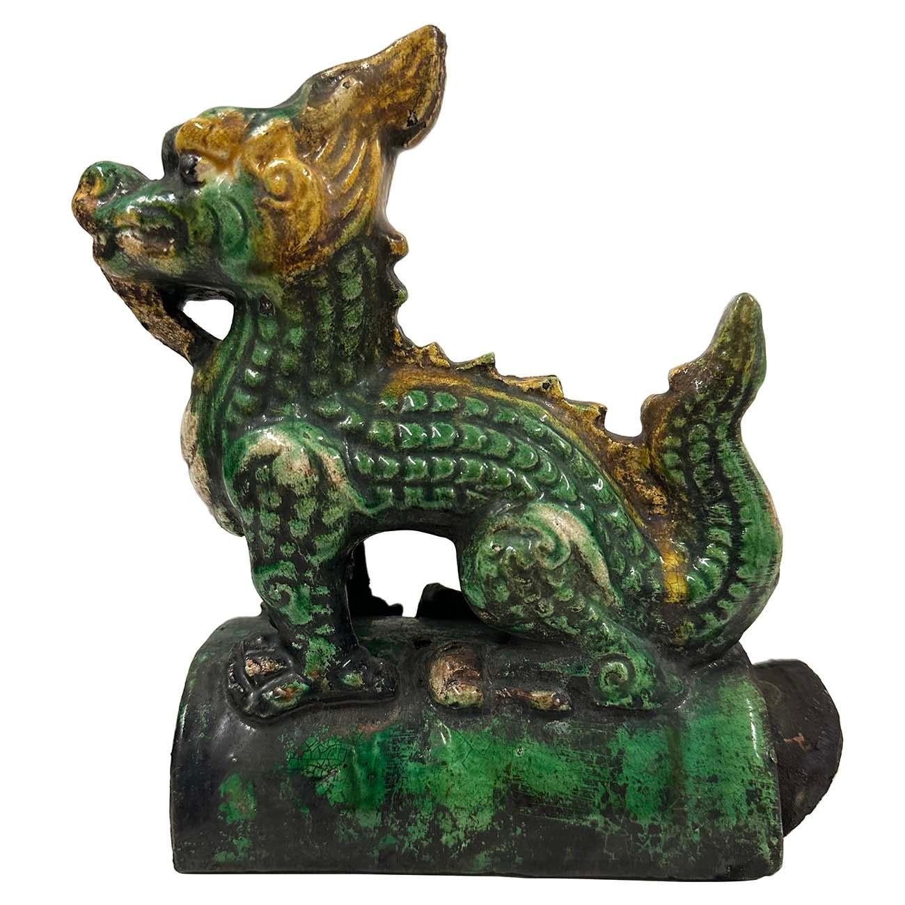 This Vintage Chinese Ceramic roof tile is 100% hand made and hand carved of Chinese traditional dragon design. It was used on top edges of building roof. Look at the pictures, there are some old chips and tiny crack hairlines on it, but it still