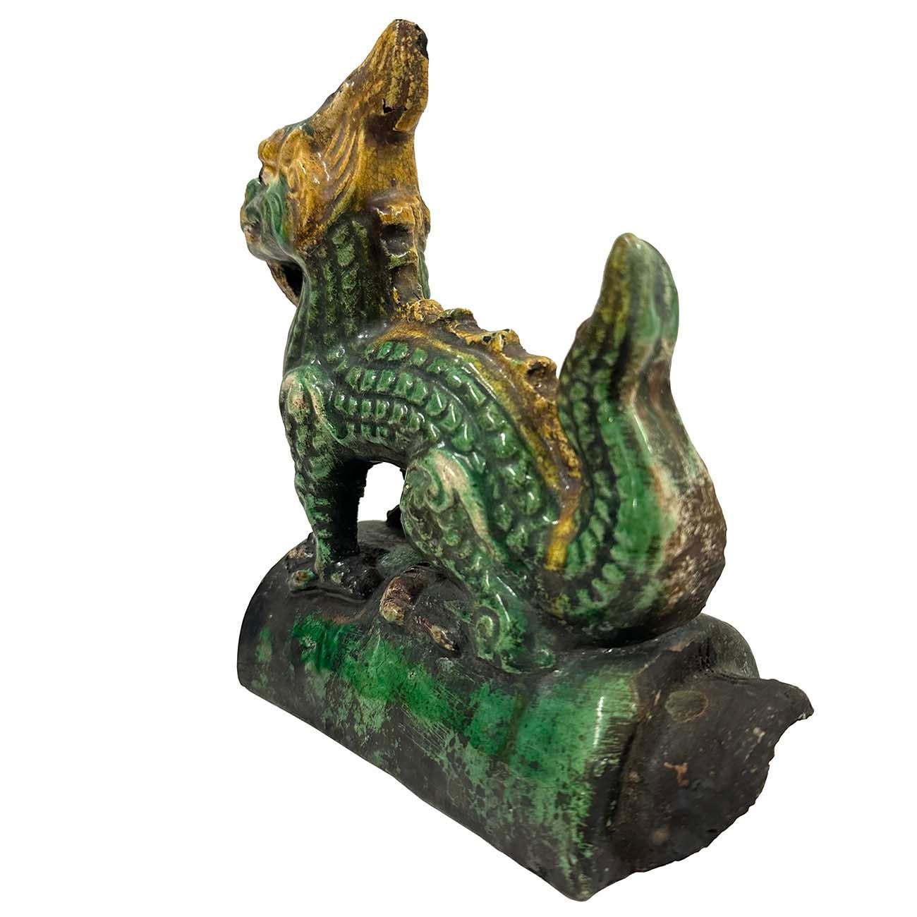 Chinese Export Early 20th Century Chinese Glazed Ceramic Dragon Roof Tile For Sale