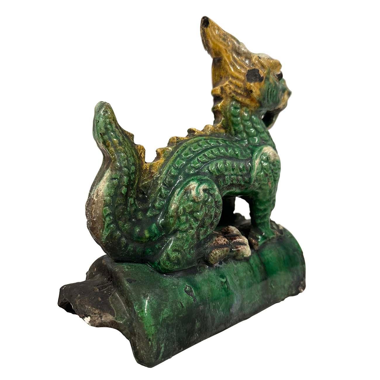 Hand-Carved Early 20th Century Chinese Glazed Ceramic Dragon Roof Tile For Sale
