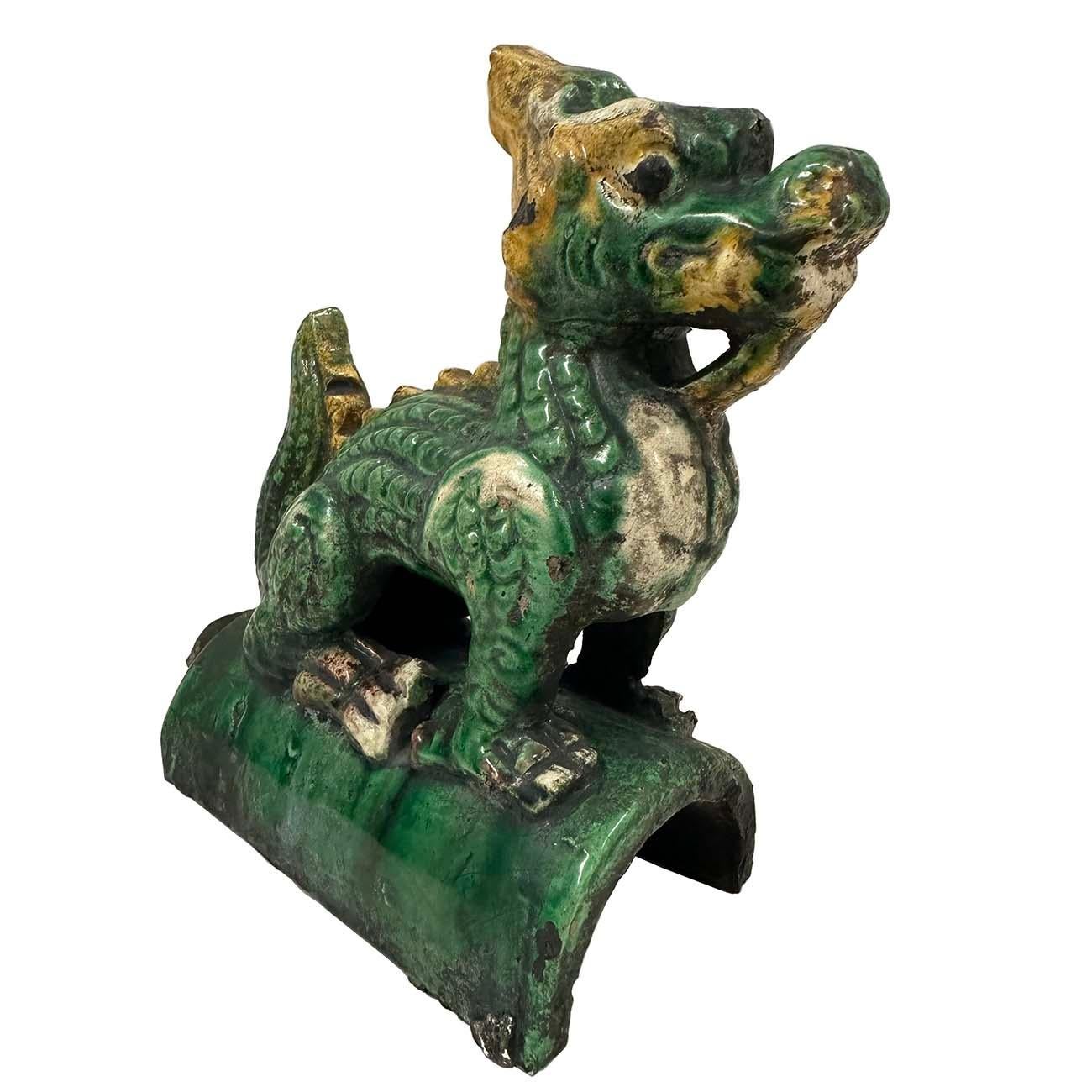 Early 20th Century Chinese Glazed Ceramic Dragon Roof Tile For Sale 2
