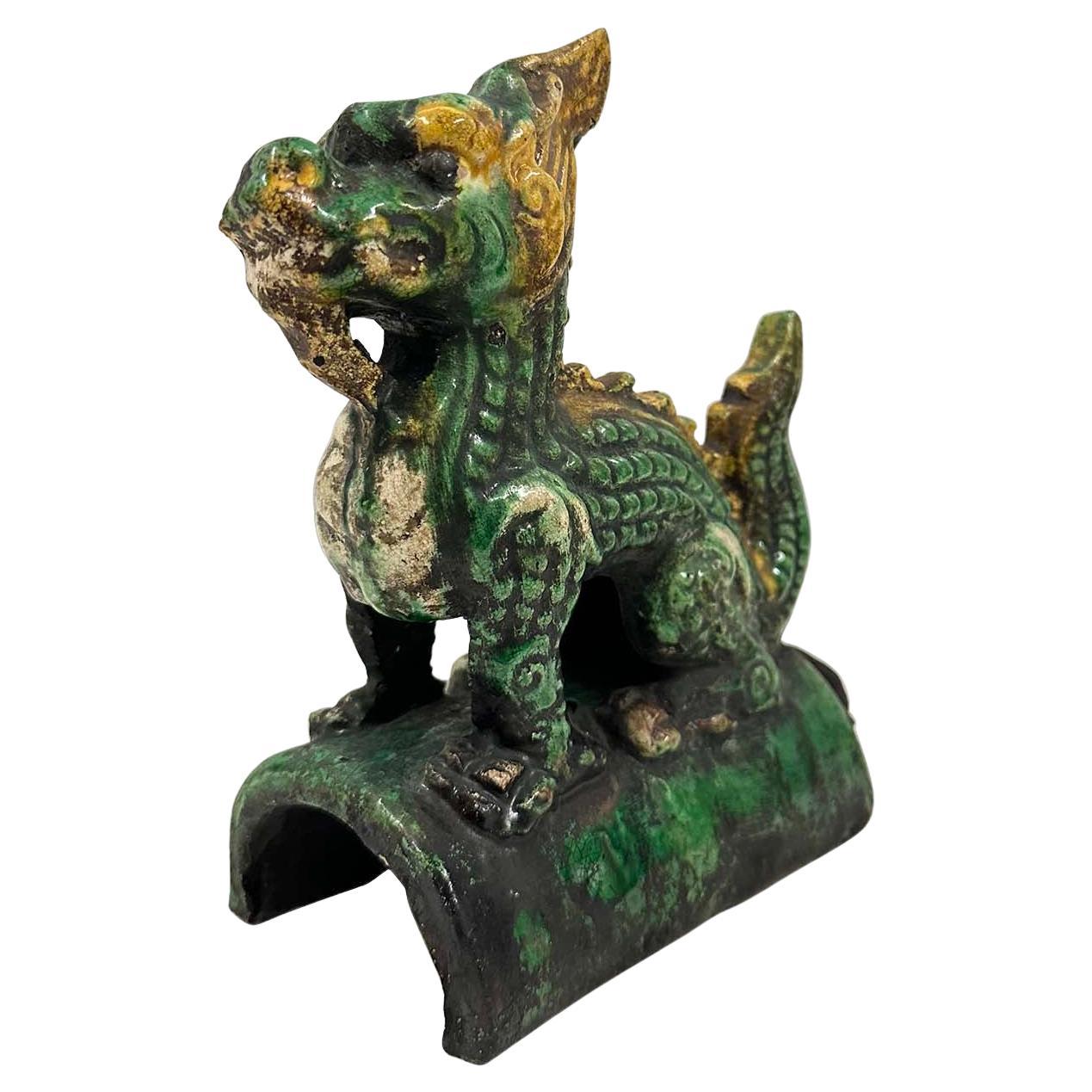 Early 20th Century Chinese Glazed Ceramic Dragon Roof Tile