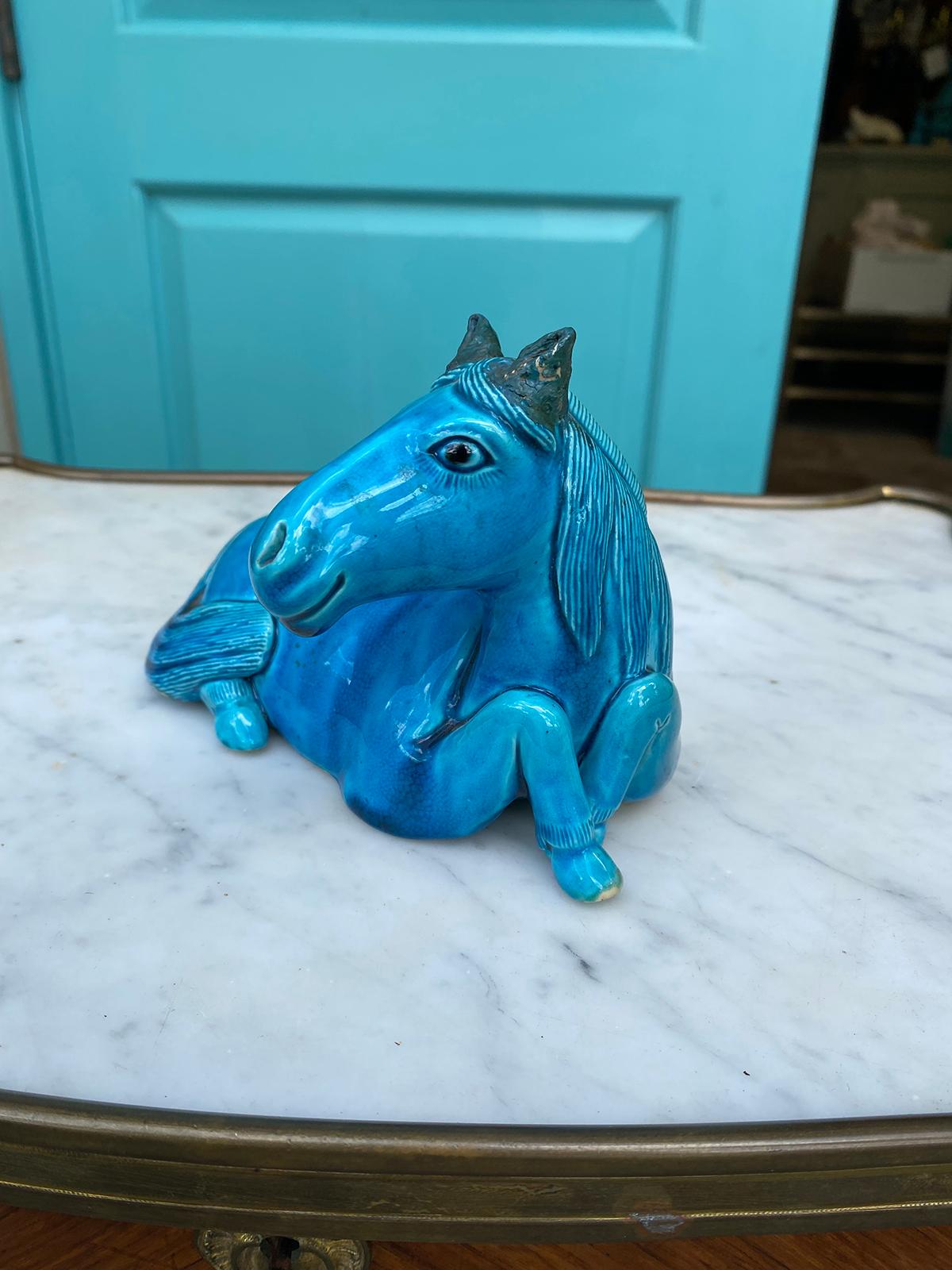Early 20th Century Chinese Glazed Ceramic Recumbent Turquoise Horse, Unmarked In Good Condition In Atlanta, GA