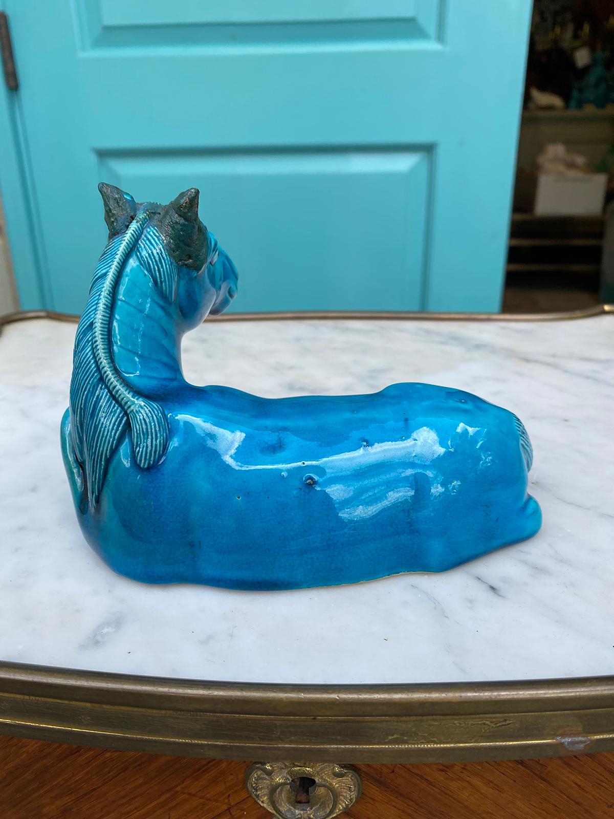 Early 20th Century Chinese Glazed Ceramic Recumbent Turquoise Horse, Unmarked 2