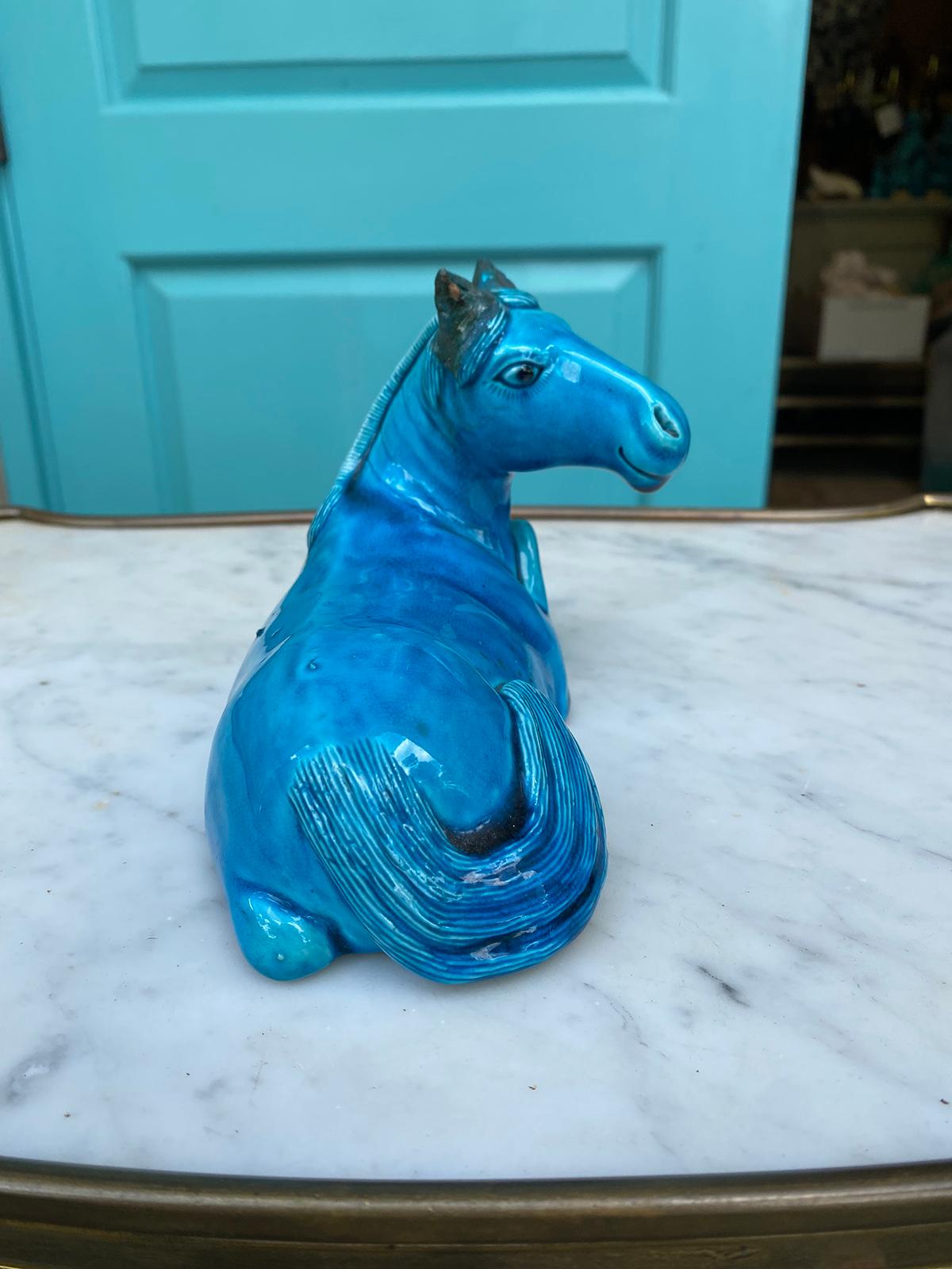 Early 20th Century Chinese Glazed Ceramic Recumbent Turquoise Horse, Unmarked 3