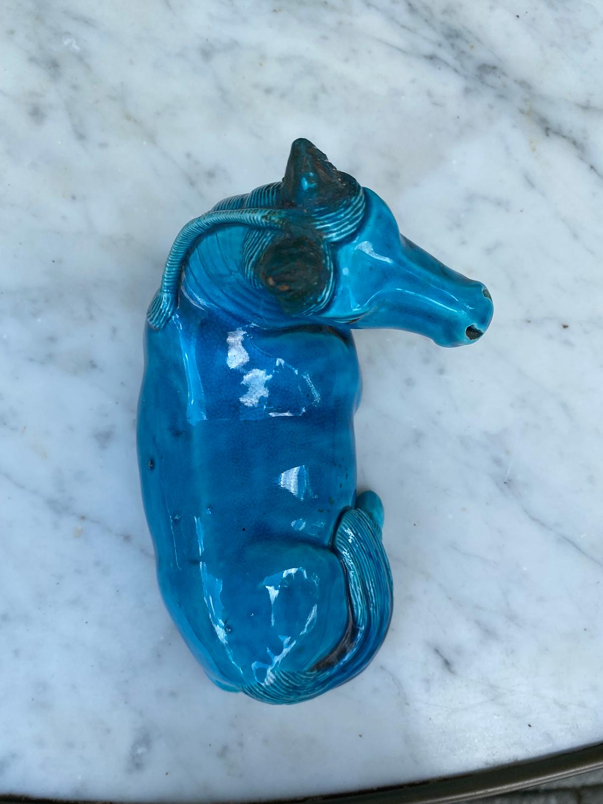 Early 20th Century Chinese Glazed Ceramic Recumbent Turquoise Horse, Unmarked 4