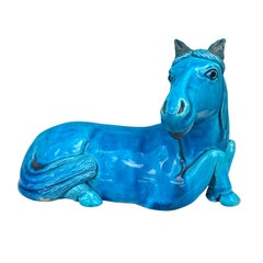 Early 20th Century Chinese Glazed Ceramic Recumbent Turquoise Horse, Unmarked