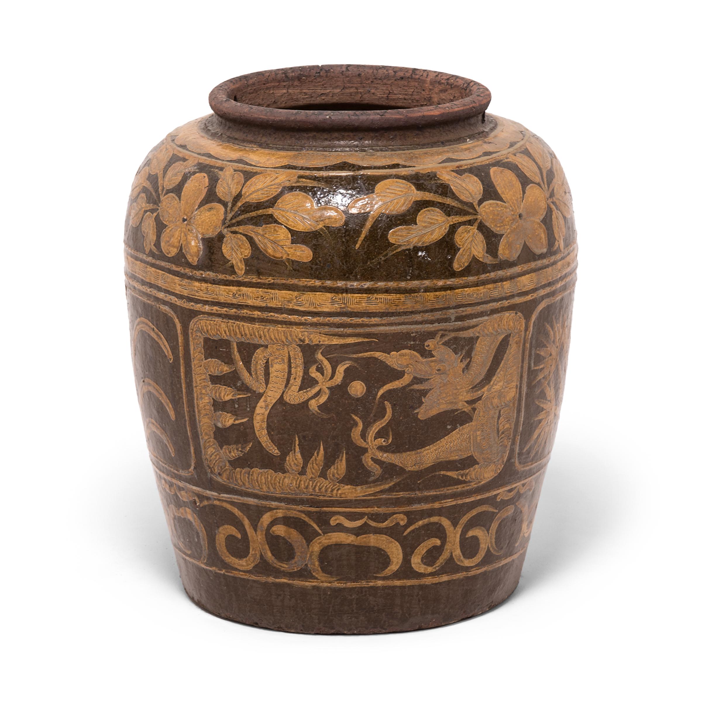 Qing Chinese Glazed Magpie Pickling Jar, c. 1900 For Sale