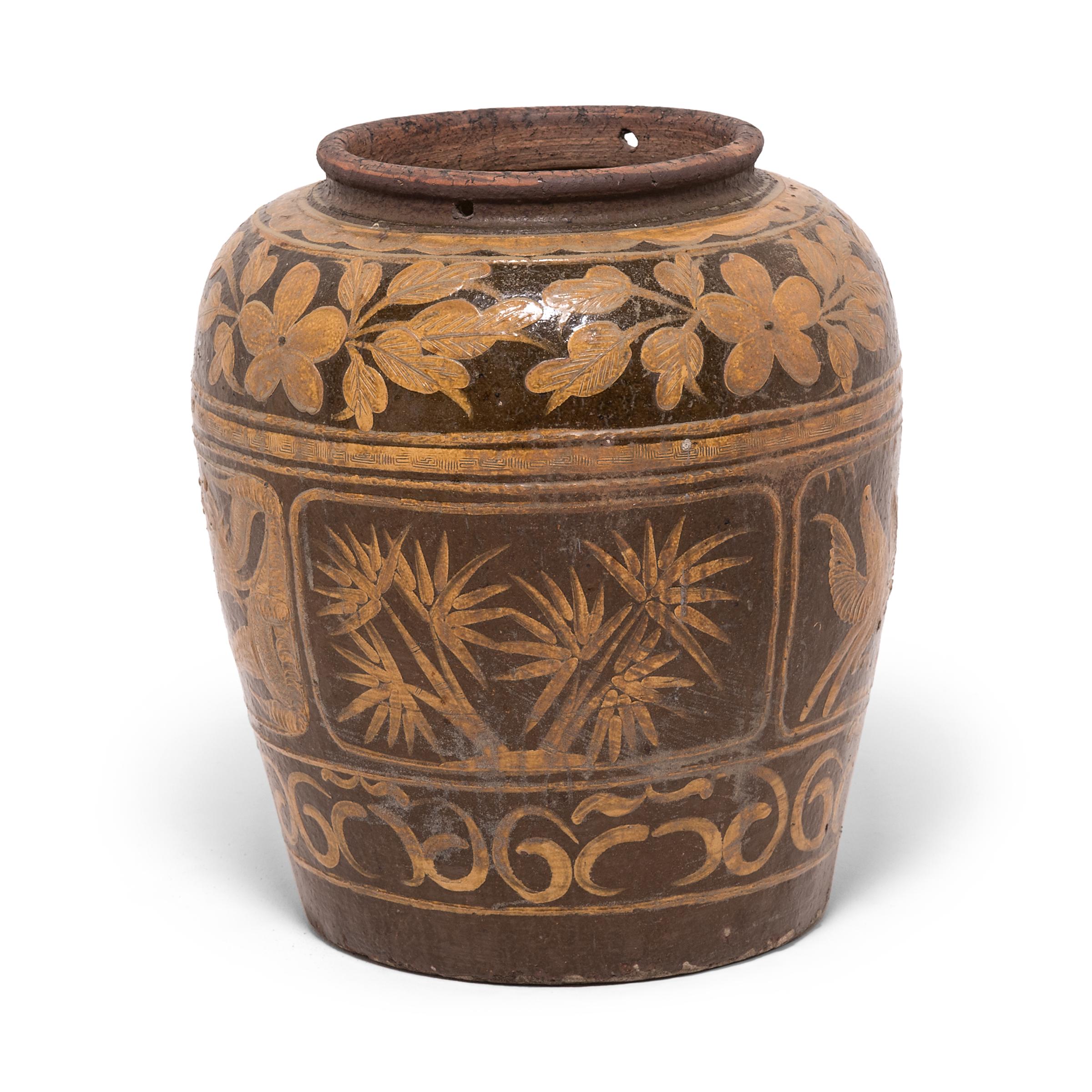 Chinese Glazed Magpie Pickling Jar, c. 1900 In Good Condition For Sale In Chicago, IL