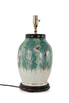 Early 20th Century Chinese Green Botanical Table Lamp on Wooden Base