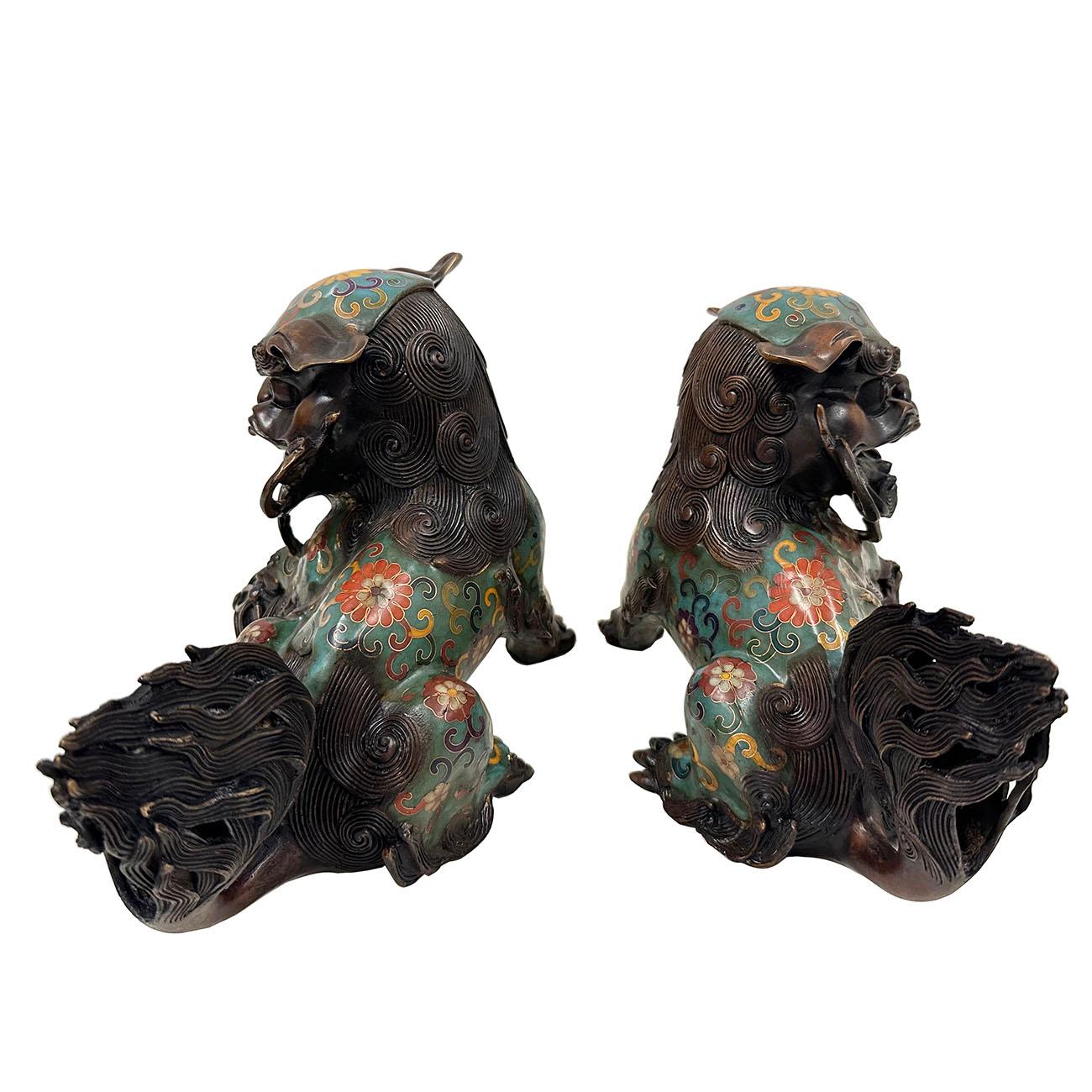 Cloissoné Early 20th Century Chinese Hand Made Cloisonne Foo Dog Statuary - Pair