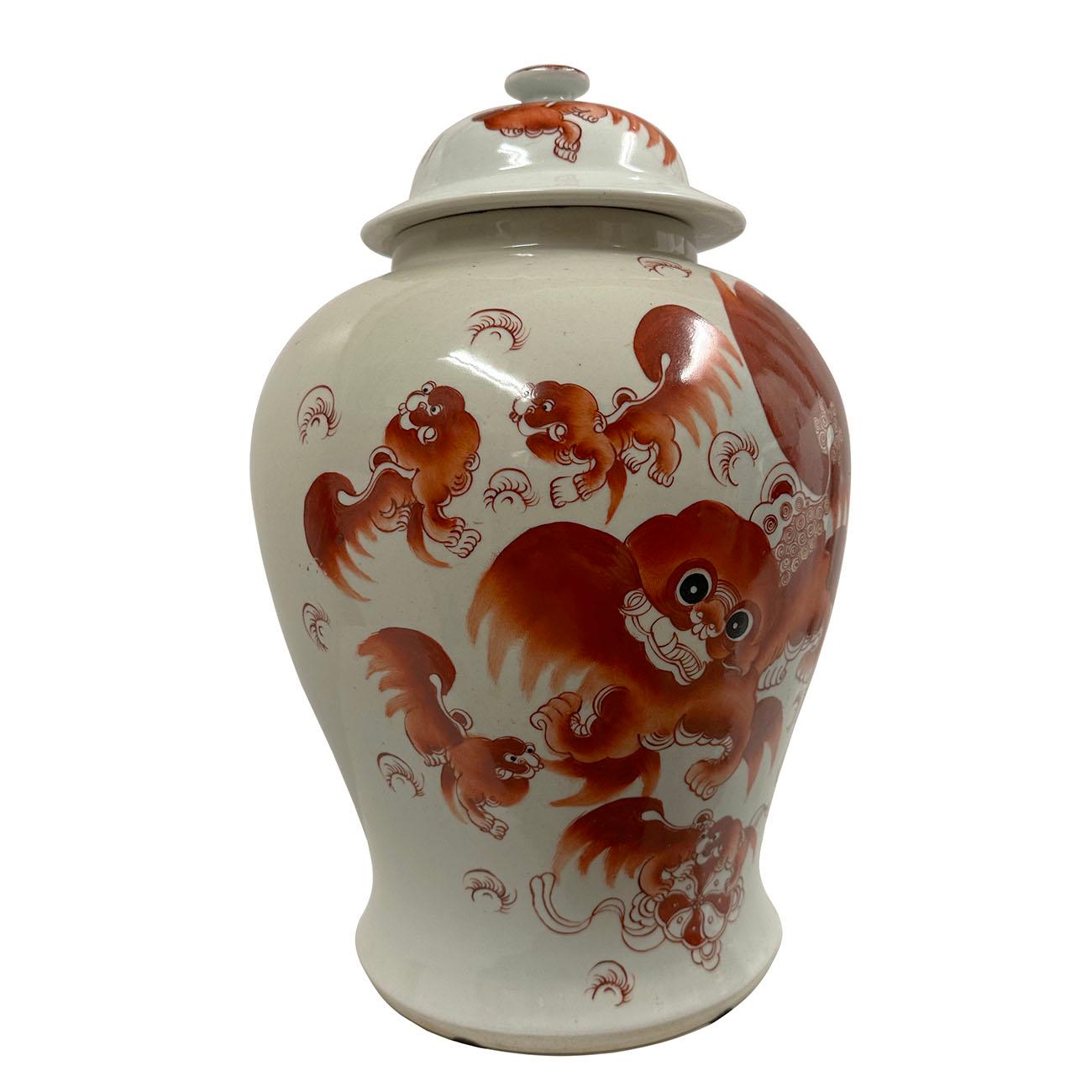 This magnificent Antique Chinese Famille-Rose porcelain Ginger Jar was 100% hand made and hand paint from famous Chinese Famille-Rose Porcelain. It has beautiful hand painted foo dogs playing on the jar and lid. You can see from the pictures that it