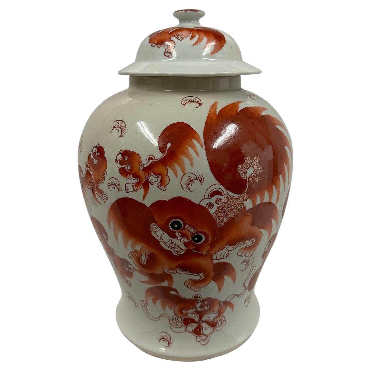 Early 20th Century Chinese Hand Painted FooDog Ginger Jar For Sale