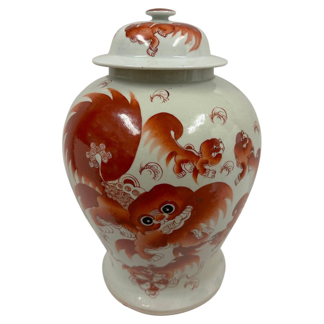 Early 20th Century Chinese Hand Painted FooDog Ginger Jar For Sale