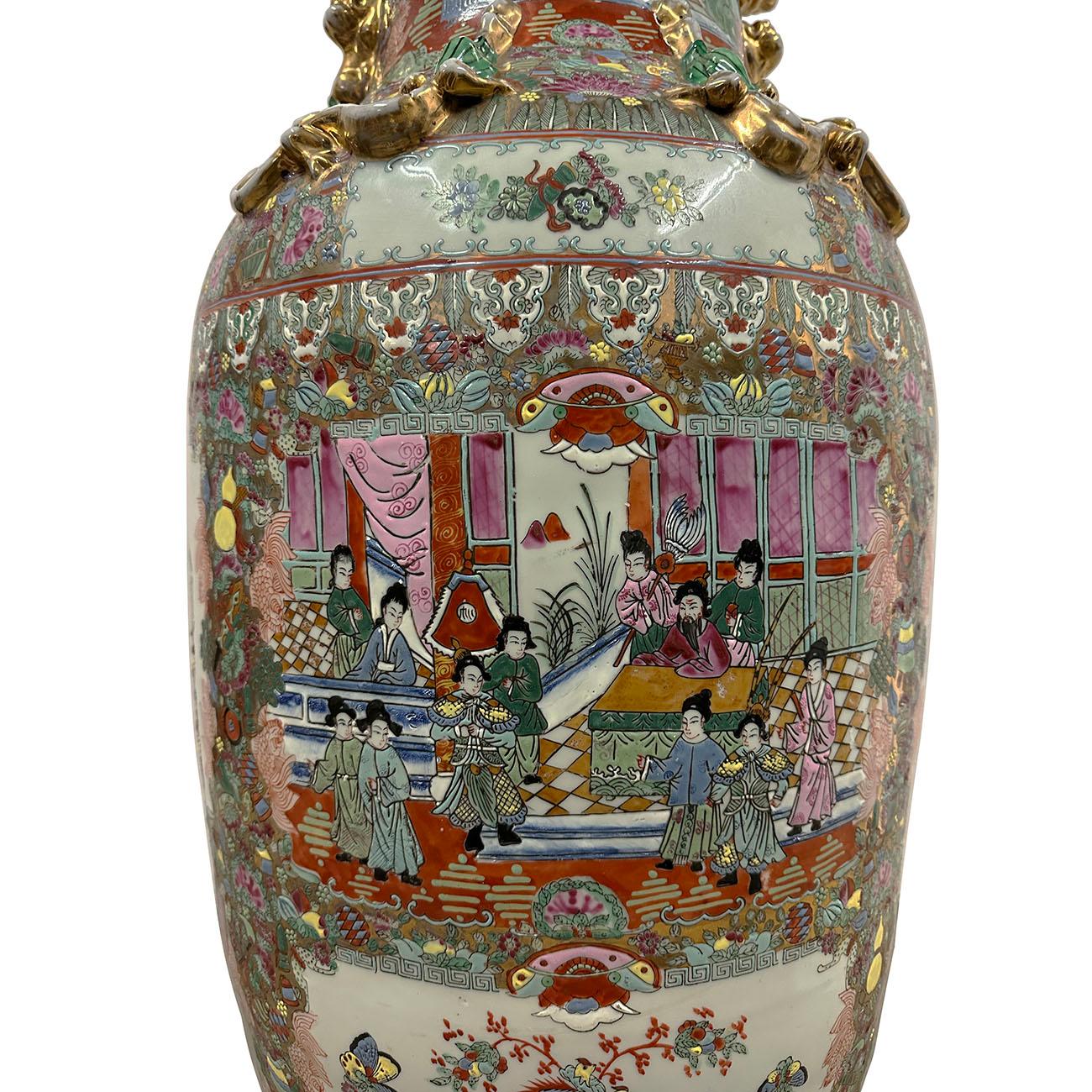Chinese Export Early 20th Century Chinese Hand Painted Rose Medallion Temple Vase For Sale