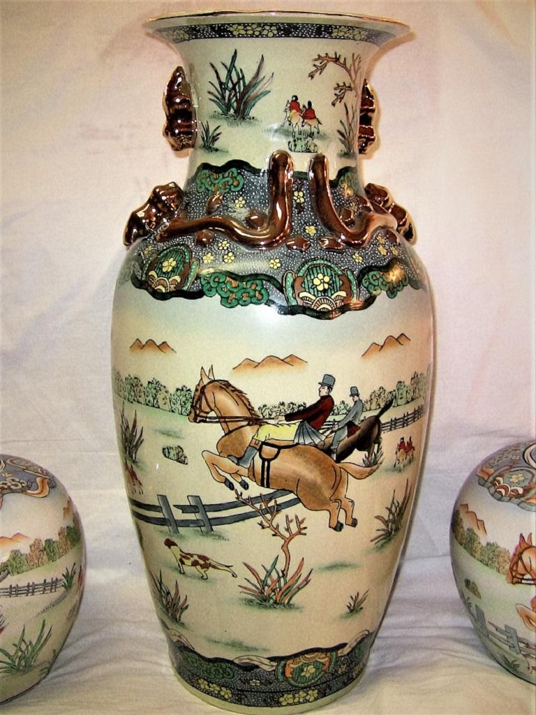 Early 20th Century Chinese Hunt Scene Floor Vase and Lidded Urns 1