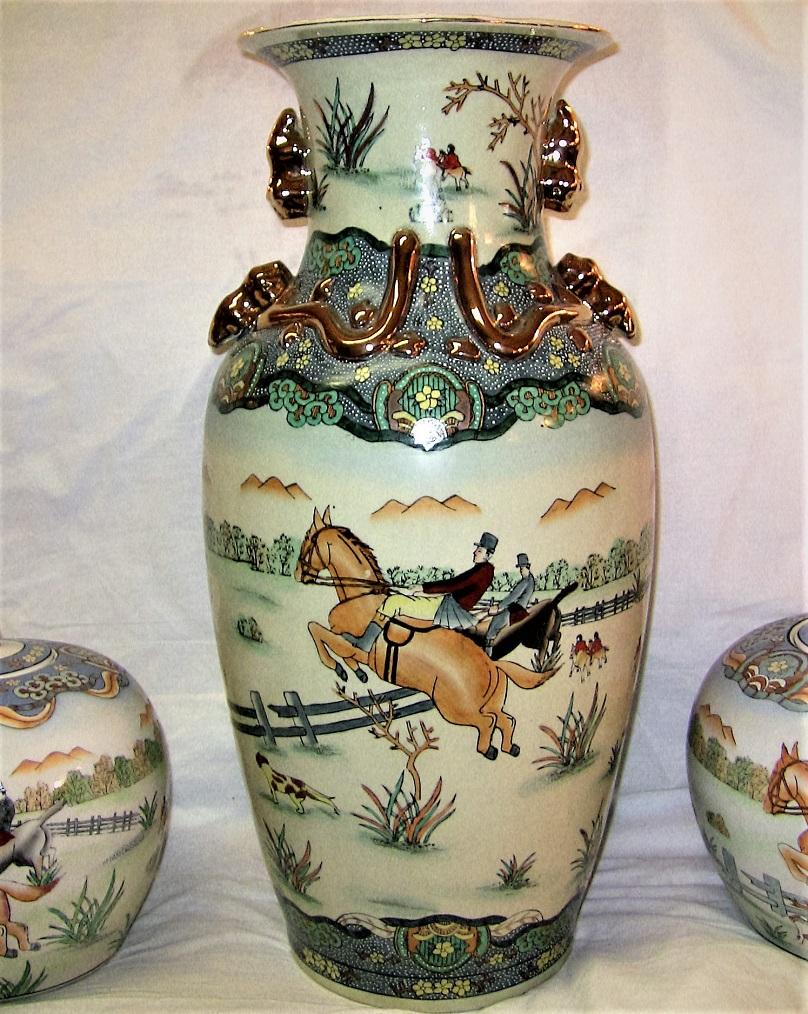 Chinese Export Early 20th Century Chinese Hunt Scene Floor Vase and Lidded Urns