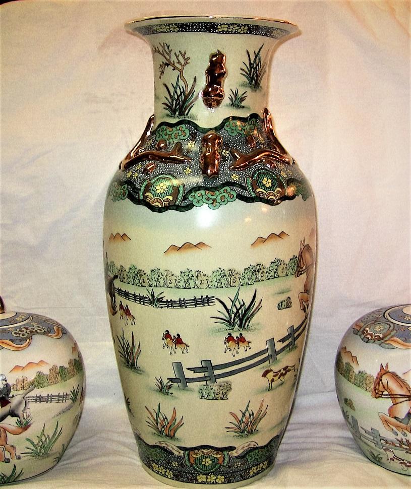 Hand-Crafted Early 20th Century Chinese Hunt Scene Floor Vase and Lidded Urns