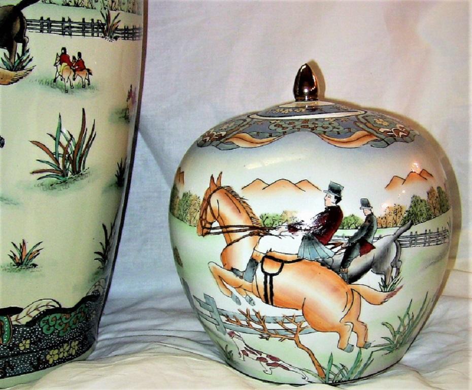 Ceramic Early 20th Century Chinese Hunt Scene Floor Vase and Lidded Urns