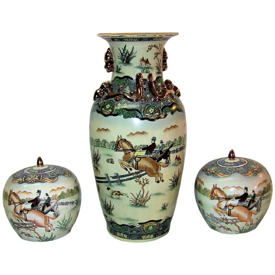 Early 20th Century Chinese Hunt Scene Floor Vase and Lidded Urns
