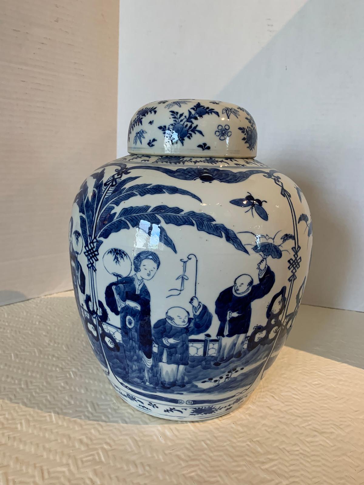 Porcelain Early 20th Century Chinese Kangxi Period Blue and White Lidded Jar, Reign Marks