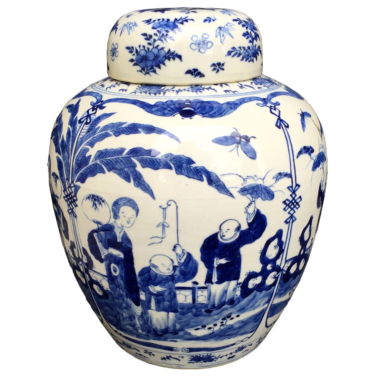 Early 20th Century Chinese Kangxi Period Blue and White Lidded Jar, Reign Marks