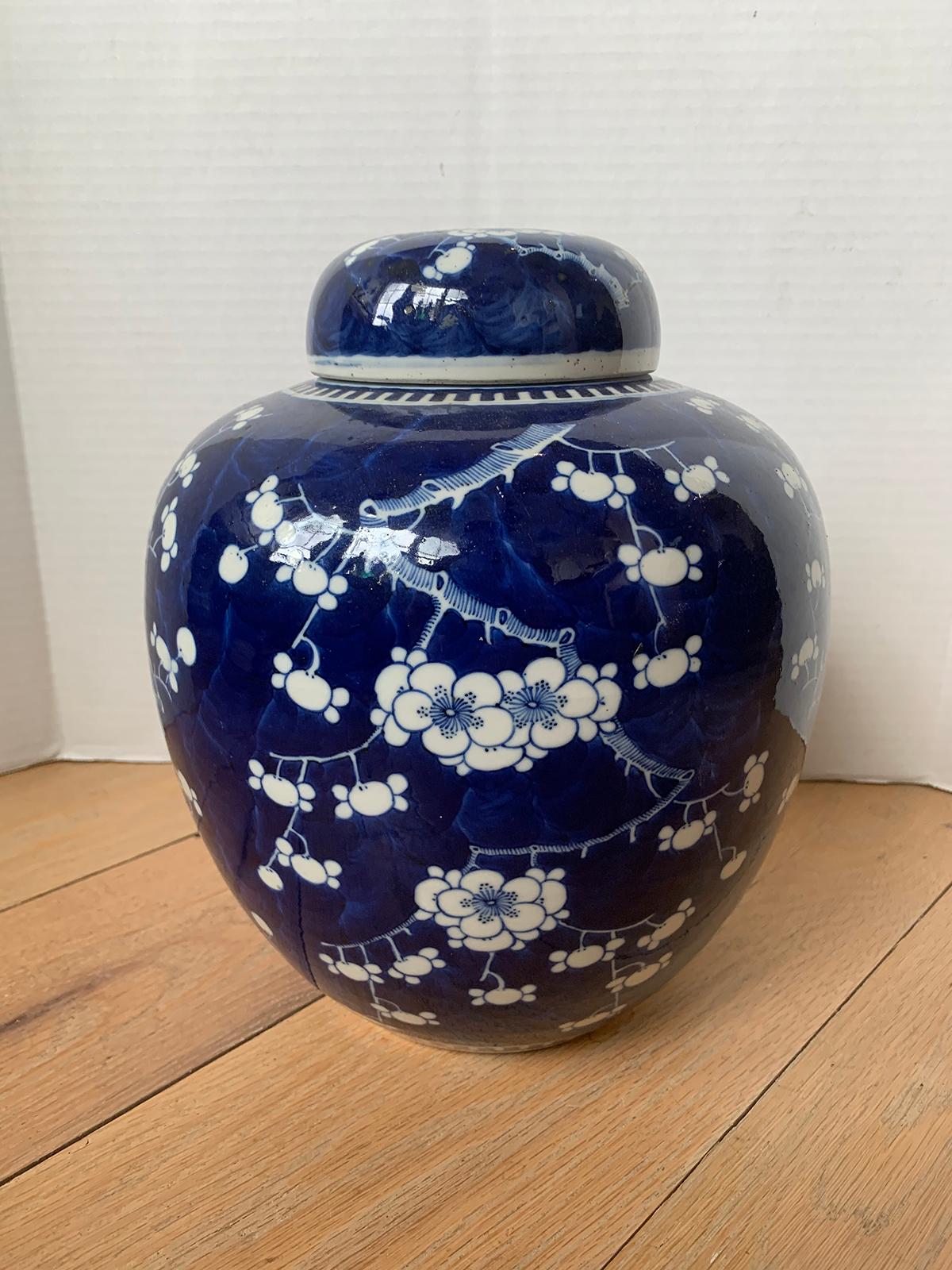 Early 20th Century Chinese Kangxi Style Blue and White Cherry Blossom Ginger Jar In Good Condition In Atlanta, GA