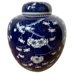 Antique Early 20th Century Chinese Kangxi Style Blue and White Cherry Blossom Ginger Jar