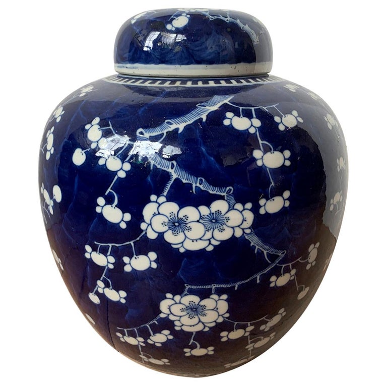 Early 20th Century Chinese Kangxi Style Blue and White Cherry Blossom Ginger Jar