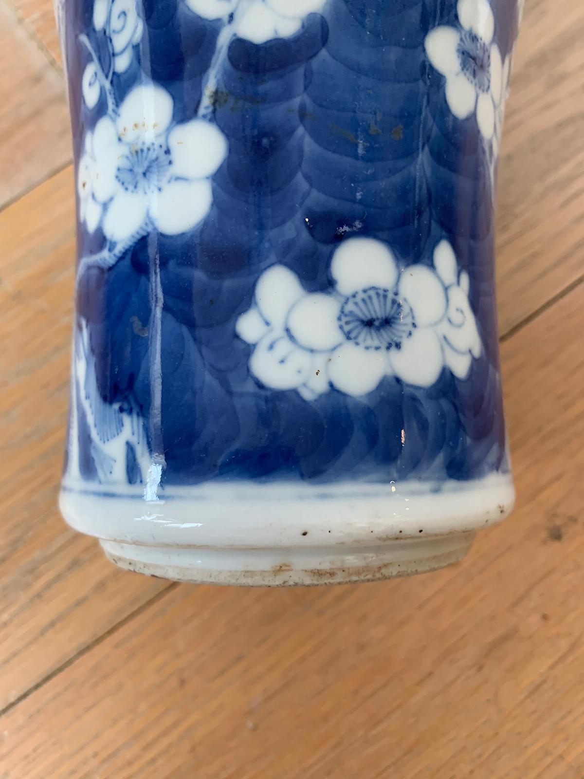 Early 20th Century Chinese Kangxi Style Blue and White Cherry Blossom Vase For Sale 5