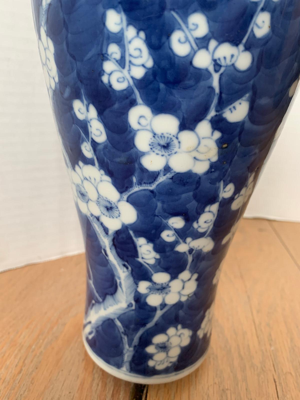 Early 20th Century Chinese Kangxi Style Blue and White Cherry Blossom Vase For Sale 2