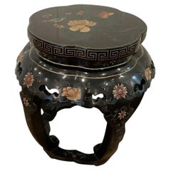 Antique Early 20th Century Chinese Lacquered Carved Wood Drum Table