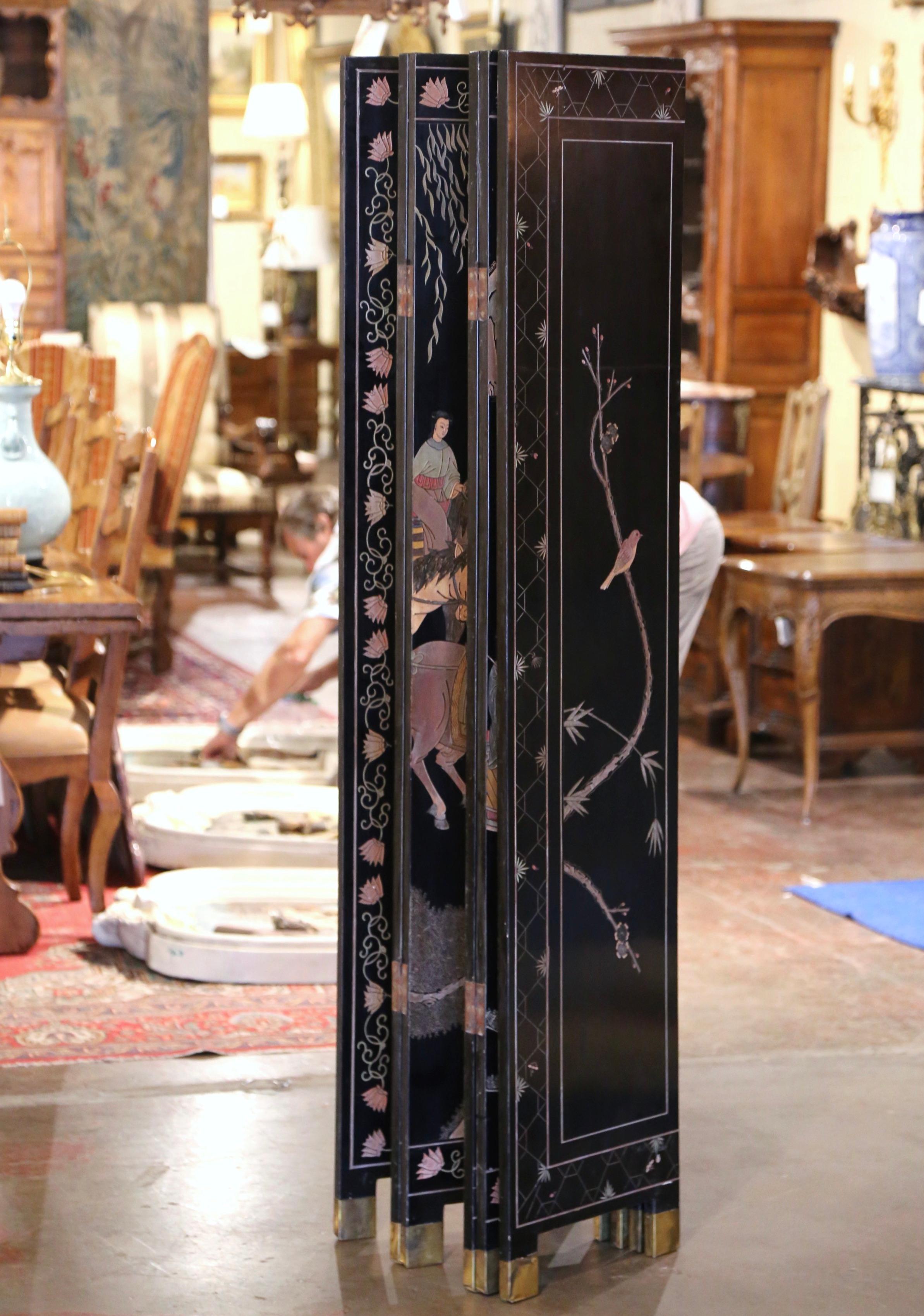 Early 20th Century Chinese Lacquered Ebonized Six-Panel Decorative Screen For Sale 5