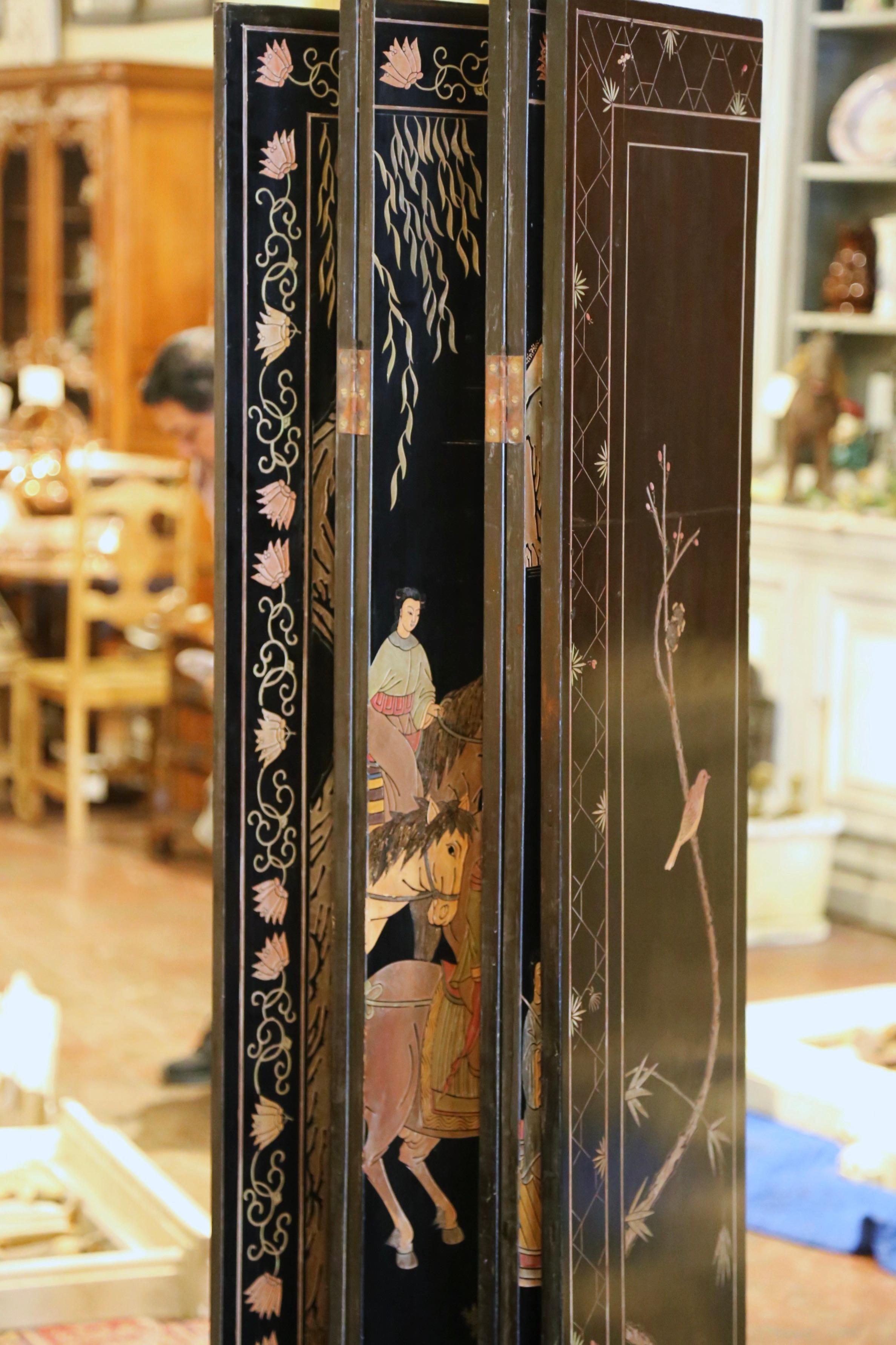 Early 20th Century Chinese Lacquered Ebonized Six-Panel Decorative Screen For Sale 6