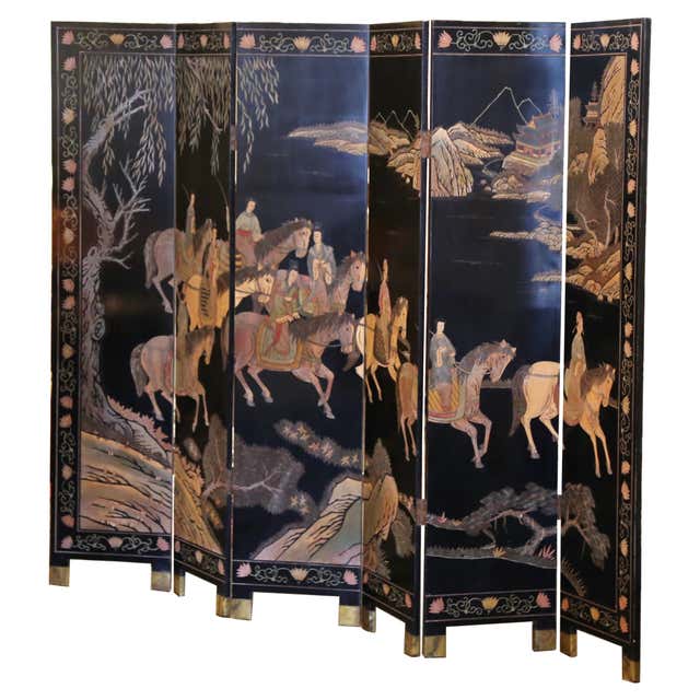 Screen Intaglio Chinese 8 Panel Black Coromandel Folding Screen w/Gilded and Hand ...