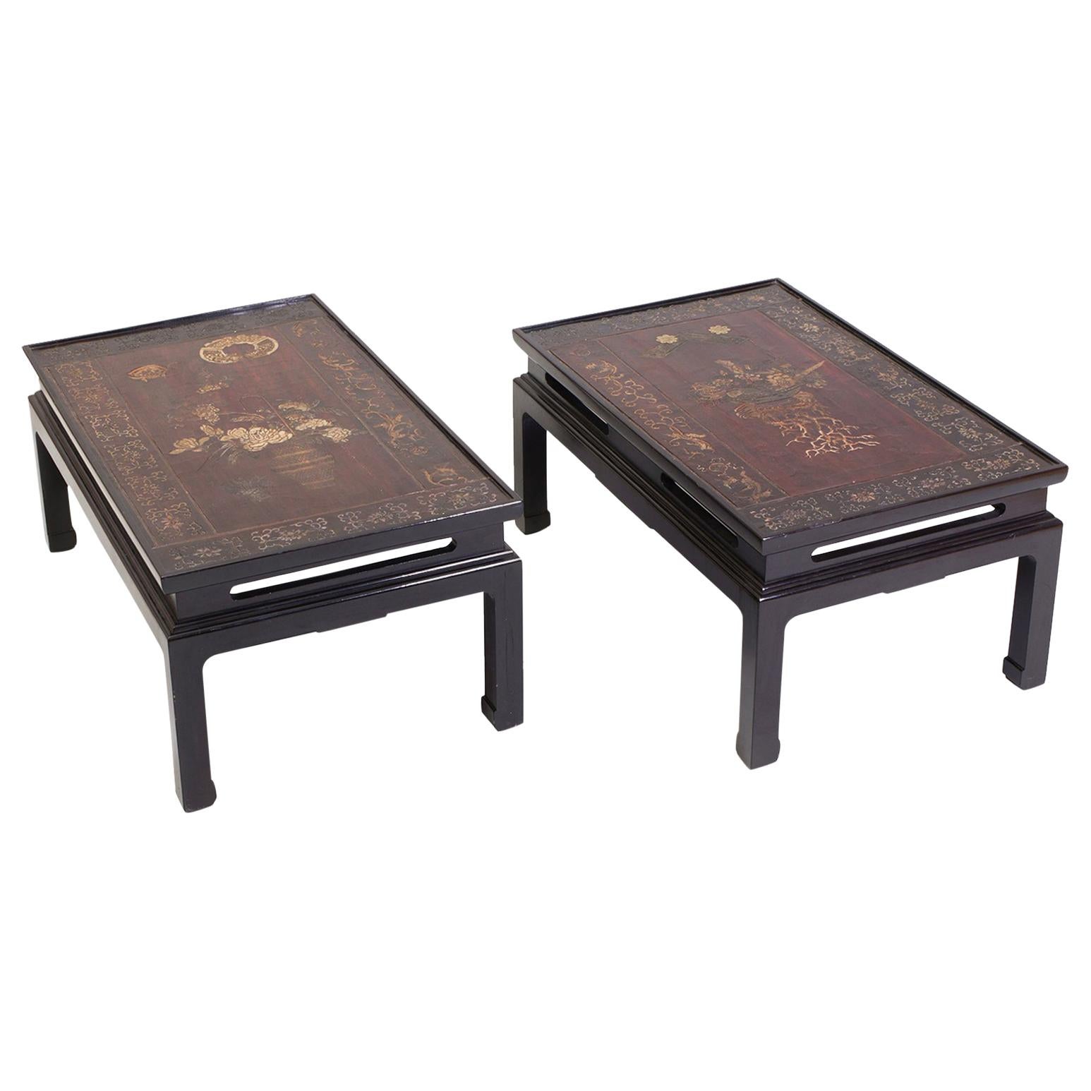Early 20th Century Chinese Lacquered Panel Tables, a Pair