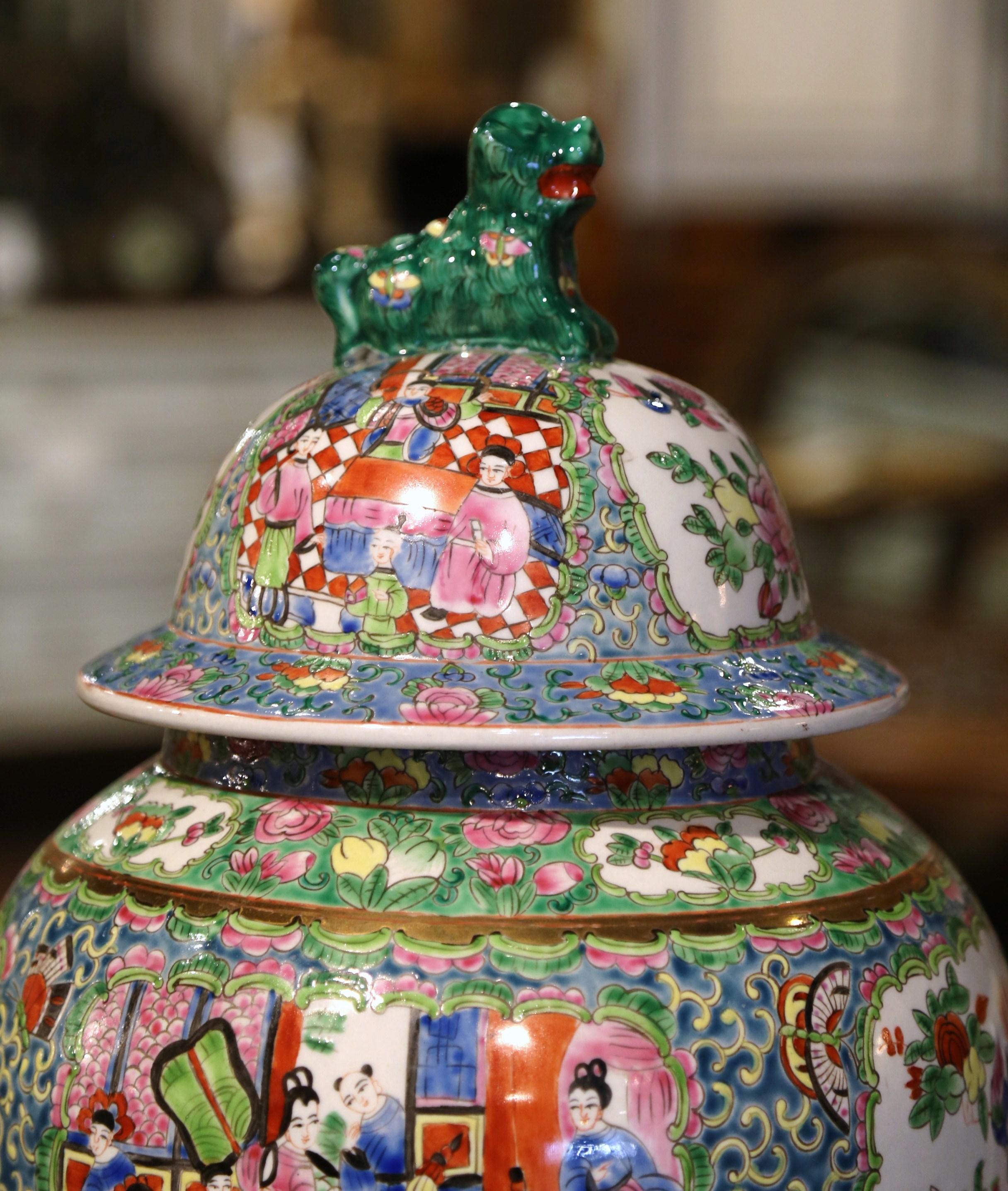 Gilt Early 20th Century Chinese Painted Famille Verte Porcelain Temple Jar with Lid For Sale