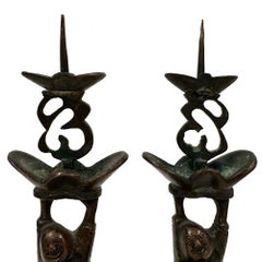Early 20th Century Chinese Pair of Bronze Happy Buddha Candle Holders