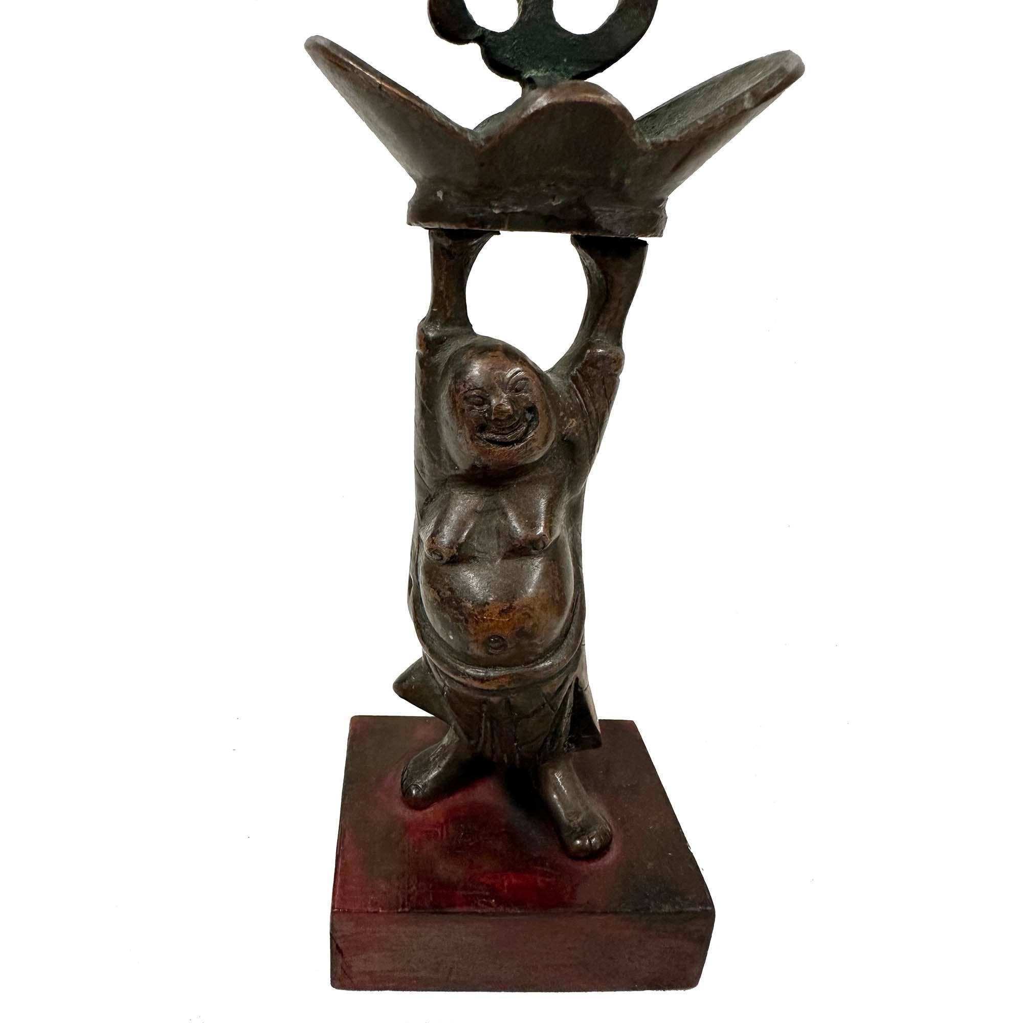 Early 20th Century Chinese Pair of Bronze Happy Buddha Candle Holders In condizioni buone in vendita a Pomona, CA