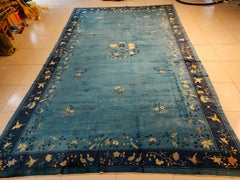 1900s Blue Antique Chinese Peking Carpet 10'2" x 17' Navy Floral Border