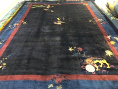 1910s Navy and Red Antique Chinese Peking Rug 11' x 15' Bird and Foo Dog