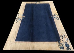 1920s Navy Open Field Floral Deco Antique Chinese Peking Room Size Rug 6' x 9'