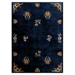 Amazing Blue Navy Background Color &Geometric Pattern Antique Chinese Peking Rug